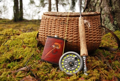 Creel, flask, fly rod Creel, flask, fly rod