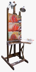 Easel with "cut-up" paintings Easel with "cut-up" paintings