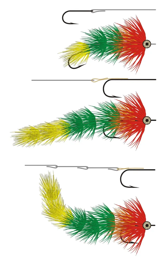 Articulated shanks - Three different ways of using shanks to enlarge a fly:<br />
Top: The shank is the main foundation and a hook is trailing<br />
Middle: The hook is the main foundation and one long shank is trailing<br />
Bottom: The hook is in the front and several shanks are trailing as a flexible tail - AKA a spine<br />
In all three cases the fly is tied on both the hook and the shank(s)