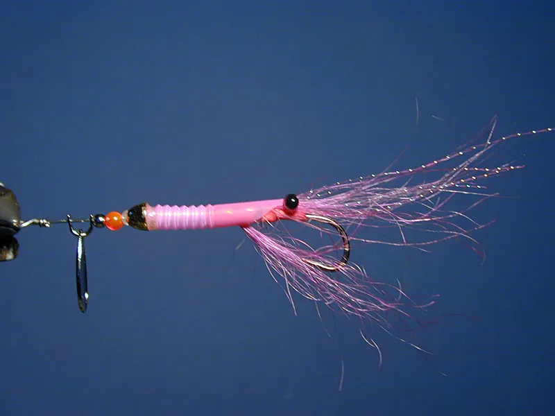 Turbo Shimp - Bob writes: Every once in a while you hit the perfect storm and for me it was this fly (lure?). It's one of a very few flies of mine that Yuri Shumakov would use in Kamchatka (the other being Linda's Shrimp). It was so successful Yuri's only problem others would steal them, now its a big hit in Alaska, also some brave Scots are using it in red, black and orange. And yes, that's a straw in there... and a spinner blade in the front...